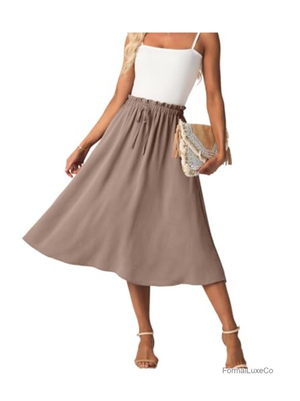 High Waist A-Line Midi Skirt with Pockets Flowy Casual Summer Below Knee